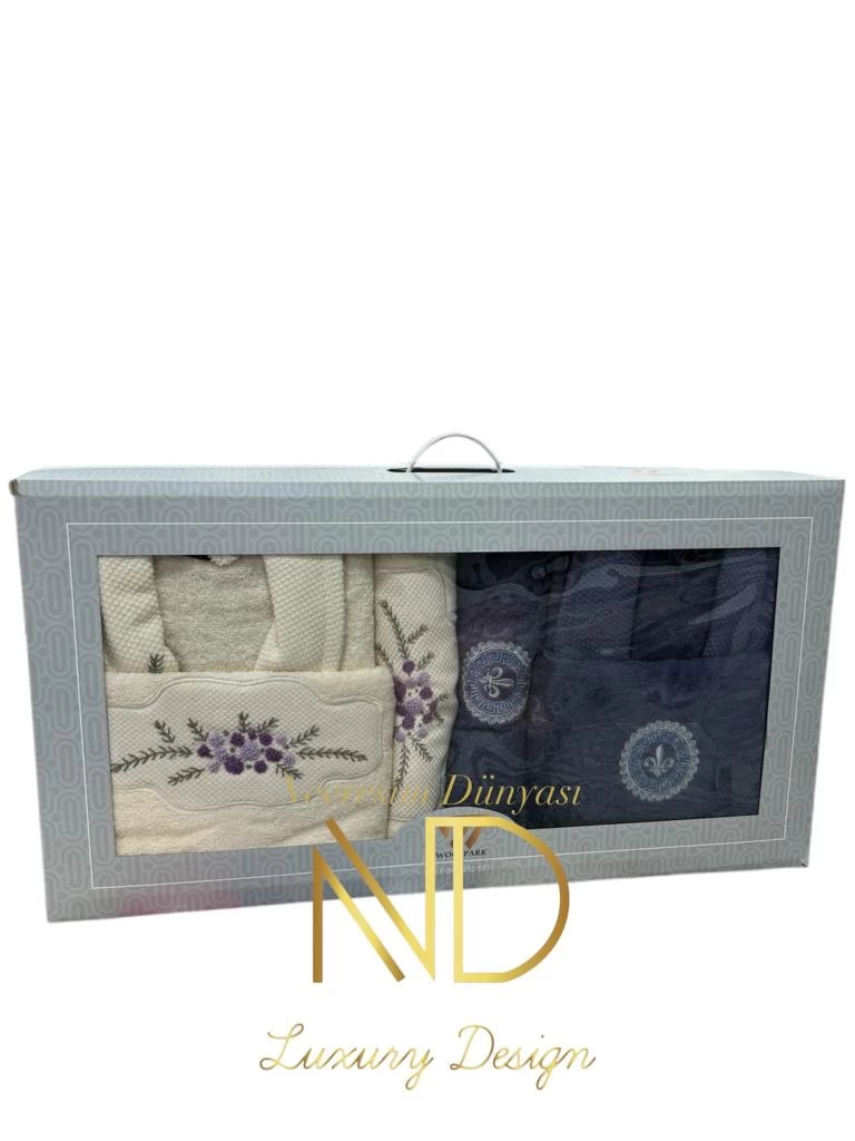 Nevresim Dünyası Nakışlı Bornoz Seti Lacivert Krem