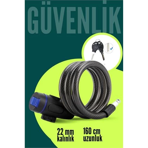 22mm Çelik Halatlı Bisiklet Kilidi - 160cm Anahtarlı Scoooter Motosiklet Kilidi 