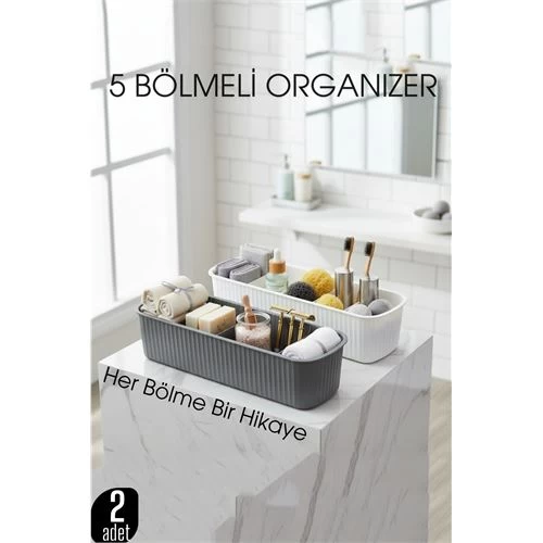5 Bölmeli Banyo Ve Makyaj Organizer Kutusu Gri & Beyaz 2’li Set  Tezgah Üstü Düzenleyici 