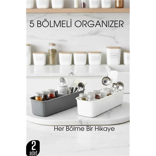 5 Bölmeli Mutfak Organizer Kutusu Gri & Beyaz 2’li Set  Baharat Ve Gereç Düzenleyici  