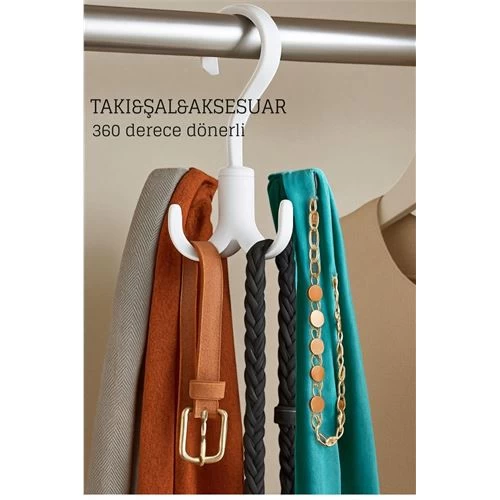 360° Dönerli Kancalı Çok Amaçlı Askı - Dolap İçi Düzenleyici Takı Askısı Şal Askısı 