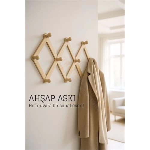 Ahşap Akordeon Duvar Askısı - Dekoratif, Çok Amaçlı, 10 Kancalı Akıllı Askılık 