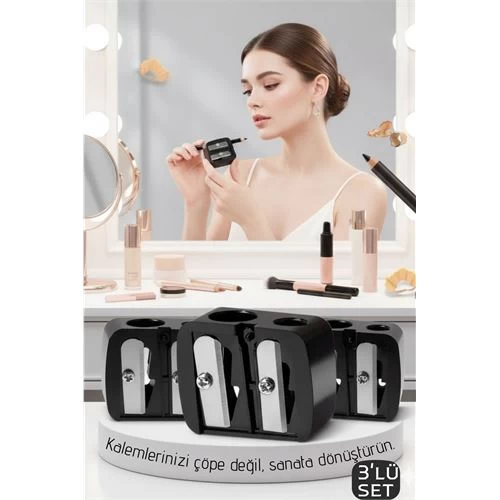 3'Lü Profesyonel Çift Bıçaklı Makyaj Kalemi Açacağı - Alman Çeliği Keskinliği & Şeffaf Hazneli