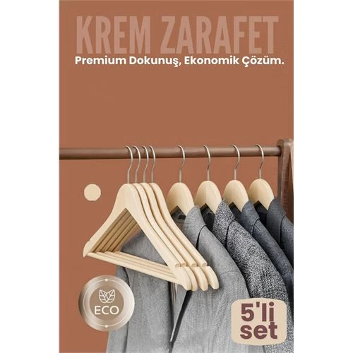 5'Li Lüks Krem Elbise Ceket Askısı - Ergonomik & Kaymaz Plastik Askı Seti -  Ahşap Görünümlü