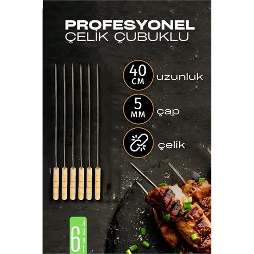 Modacar Çelik Şiş Çubuğu - Mangal Şişi Ahşap Saplı Kebap Şişi  6 Adet