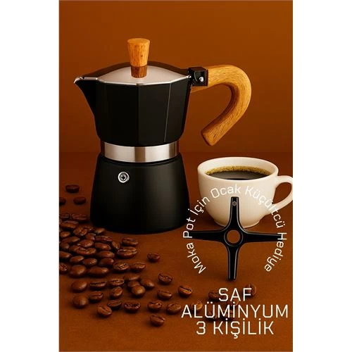 Modacar Italyan Moka Pot - 6061 Saf Alüminyum  Ahşap Saplı - 3 Kişilik Sİyah