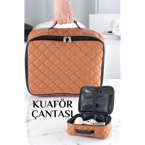 Modacar Kuaför Çantası Kapitone Deri Berber Çantası Makyöz Ekipman Çantası Taba