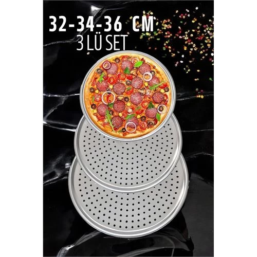 Modacar Delikli Pizza Lahmacun Tepsisi Çelik 32-34-36 Cm 3 Lü Set