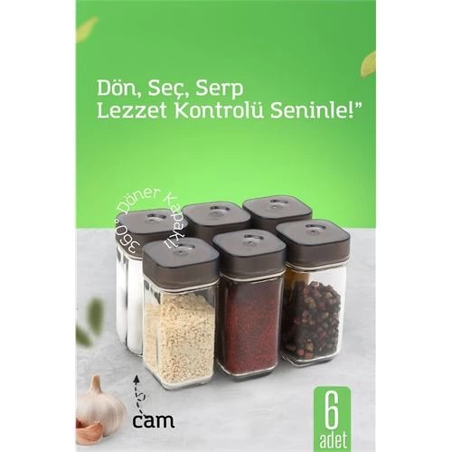 Modacar Cam Tuzluk Baharatlık – 360° Döner Kapaklı | 3 Delik Tipiyle Ayarlanabilir Akış  6 Adet