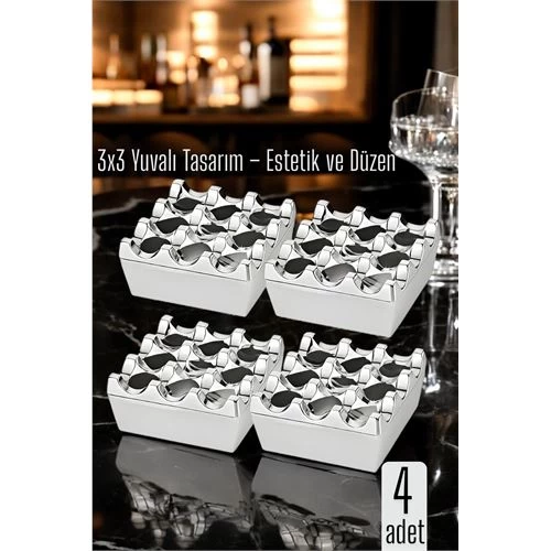 4 Lü Metal Döküm Küllük – 3x3 Yuvalı, Krom , Modern Ve Ağırlıklı Tasarım 