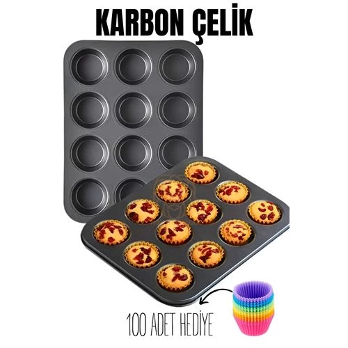 Modacar 12 Li Muffin Kalıbı Teflon Çelik 100 Muffin Kağıtlı