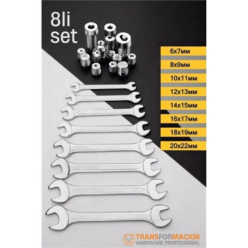 Modacar  Açık Uçlu Anahtar Seti - İki Ağızlı Anahtar - İki Ucu Açık Vanadium Çelik Anahtar 8 Li Set