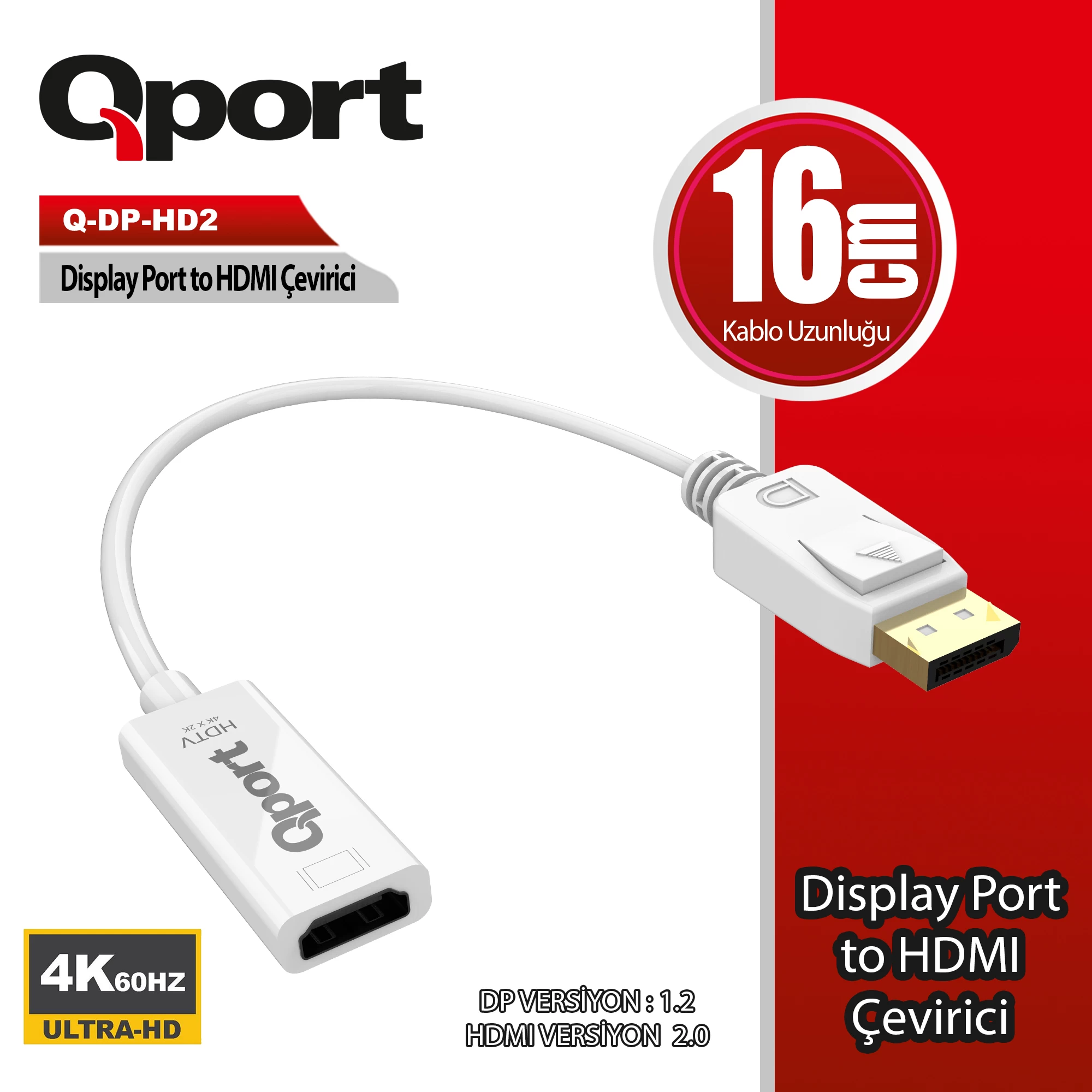 Qport Q-dp-hd2 Display Portundan Hdmi Cevirici 4k 60hz