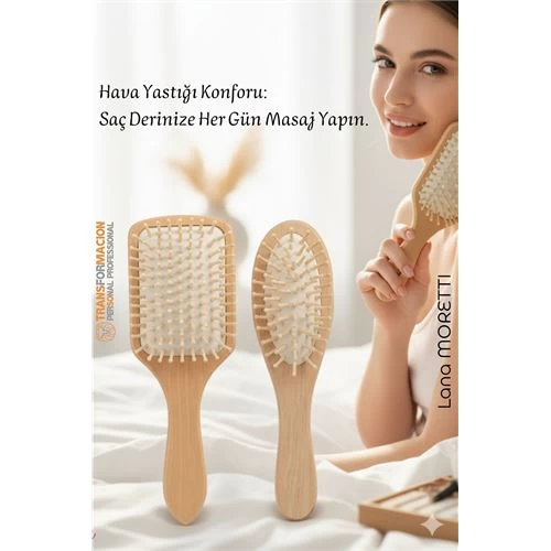 Doğal Ahşap Antistatik Hava Yastıklı Saç Fırçası (2 Boy: 23x8 & 22x6 Cm) - 
